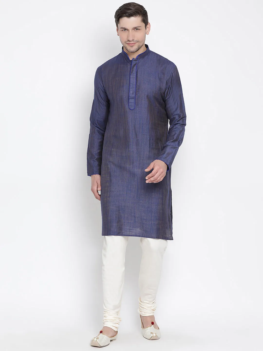 Jashvi Men's Blue Cotton Silk Blend Kurta