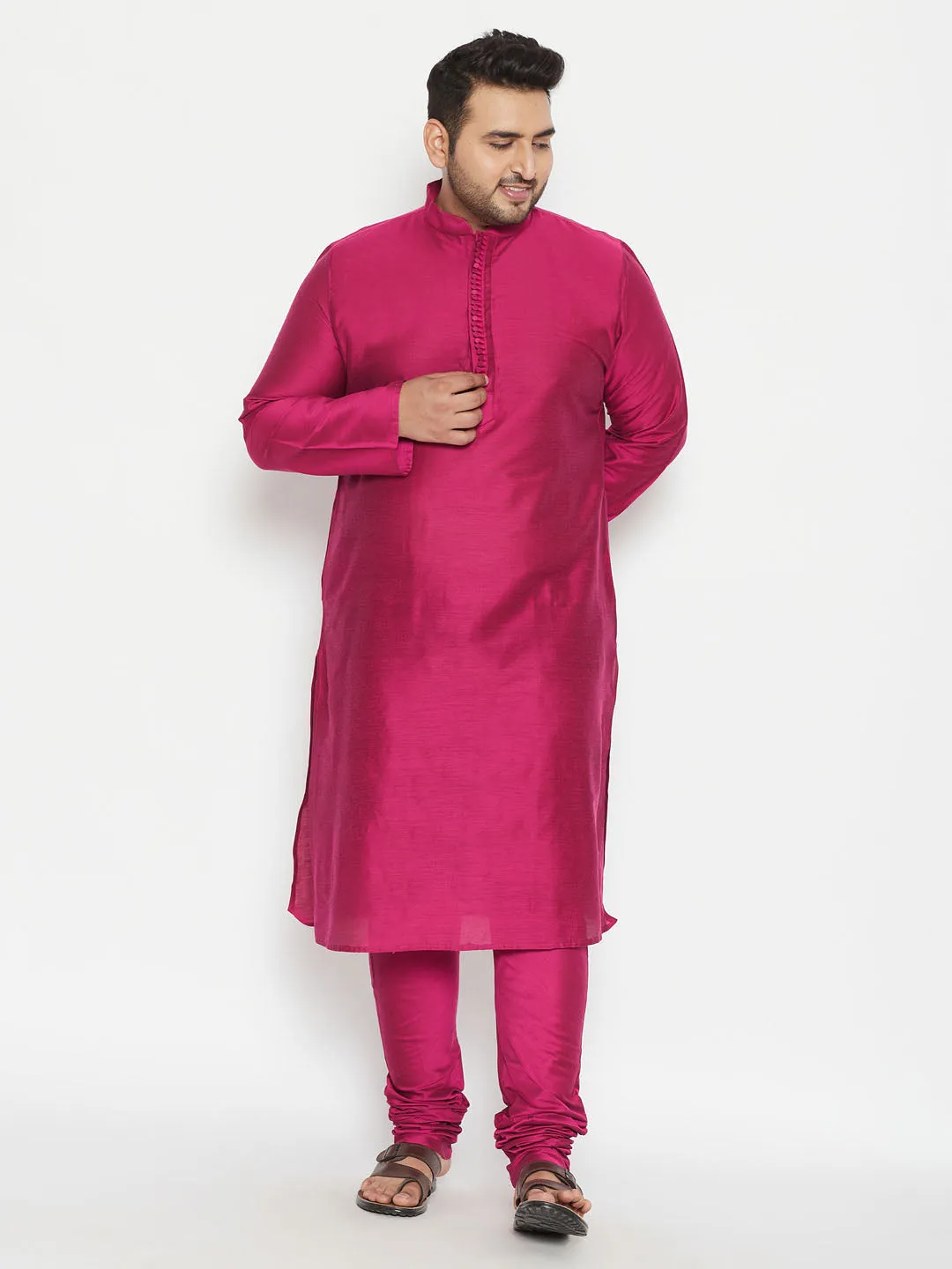 Jashvi Men's Plus Size Fushia Pink Viscose Blend Kurta