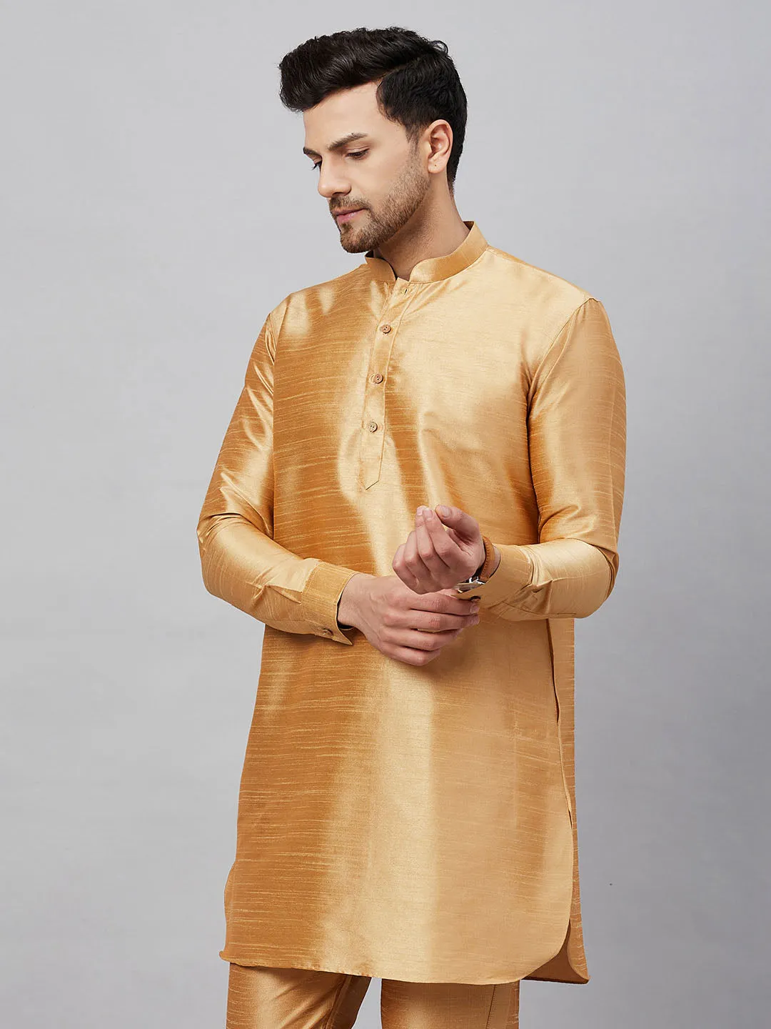Jashvi Men's Rose Gold Silk Blend Curved Kurta
