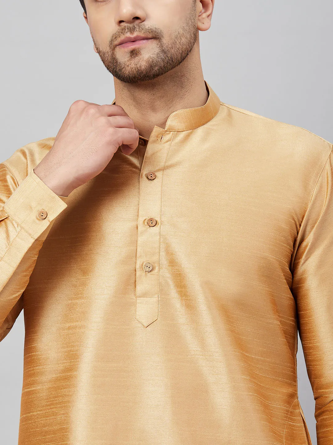 Jashvi Men's Rose Gold Silk Blend Curved Kurta