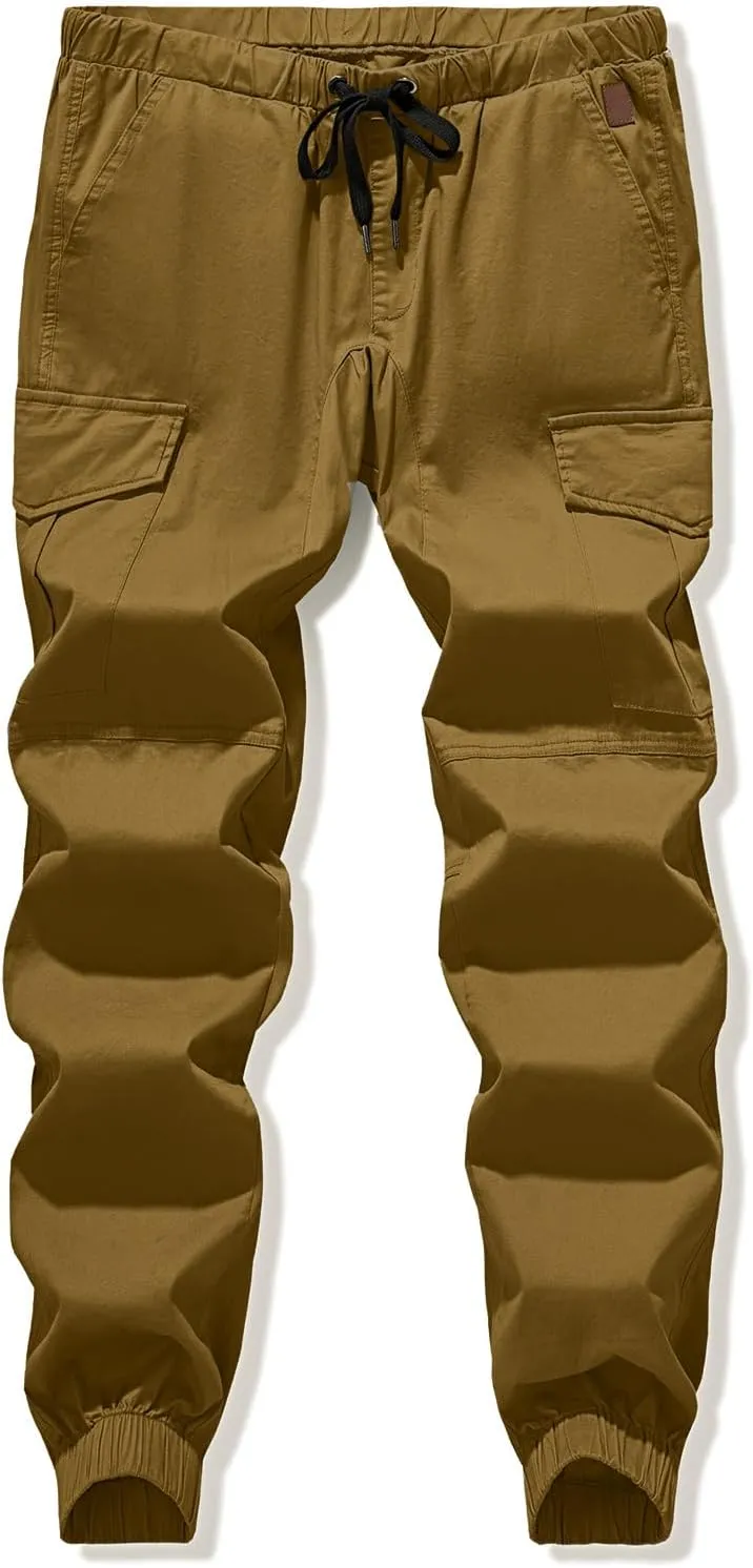 JMIERR Mens Fashion Cargo Pants - Casual Cotton Tapered Stretch Twill Drawstring Athletic Joggers Sweatpants with 6 Pockets