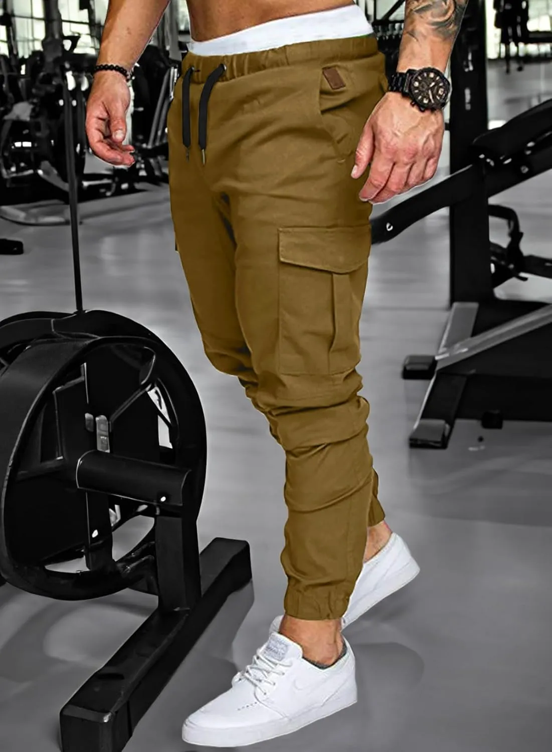 JMIERR Mens Fashion Cargo Pants - Casual Cotton Tapered Stretch Twill Drawstring Athletic Joggers Sweatpants with 6 Pockets