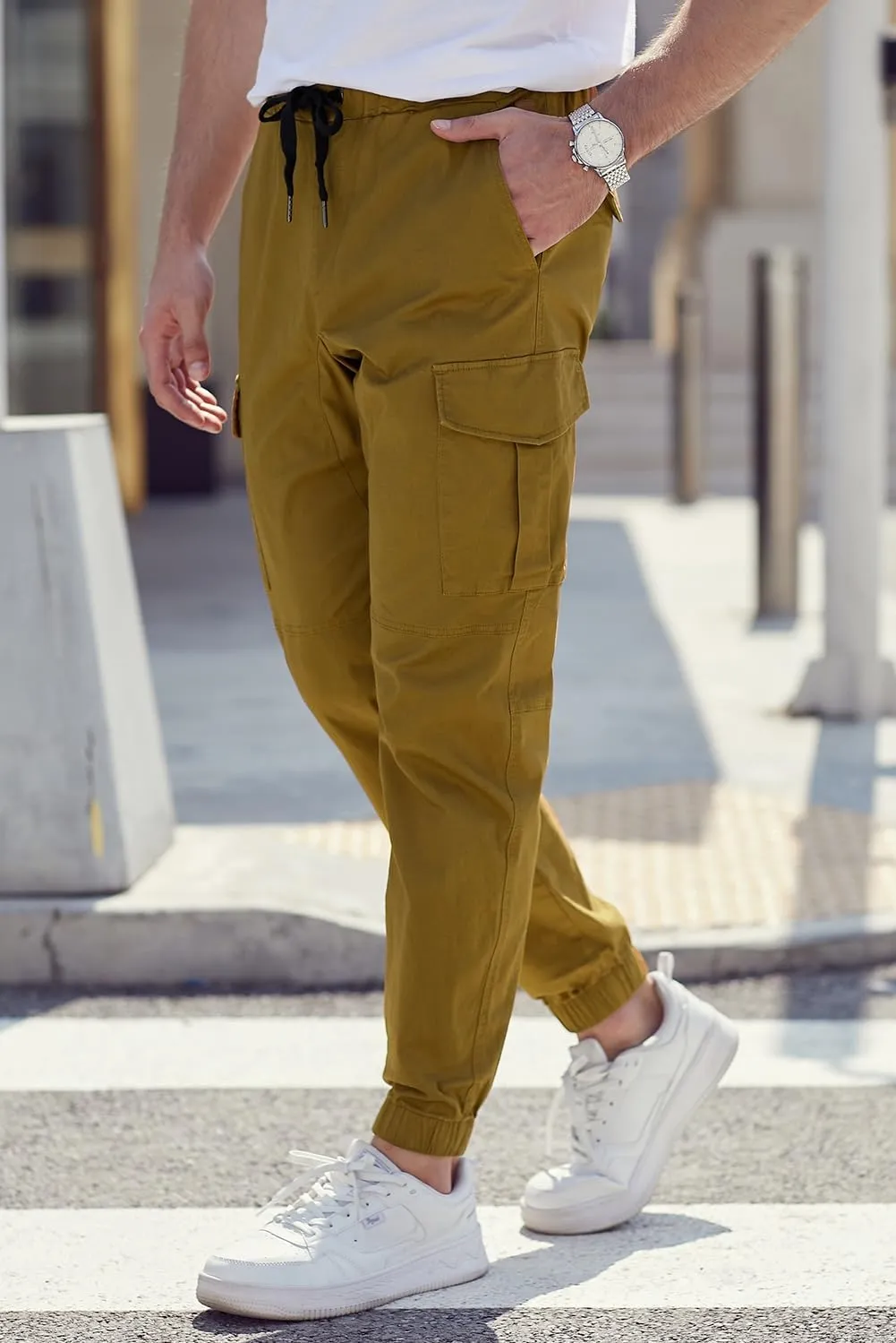 JMIERR Mens Fashion Cargo Pants - Casual Cotton Tapered Stretch Twill Drawstring Athletic Joggers Sweatpants with 6 Pockets