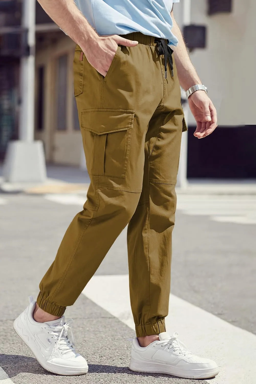 JMIERR Mens Fashion Cargo Pants - Casual Cotton Tapered Stretch Twill Drawstring Athletic Joggers Sweatpants with 6 Pockets