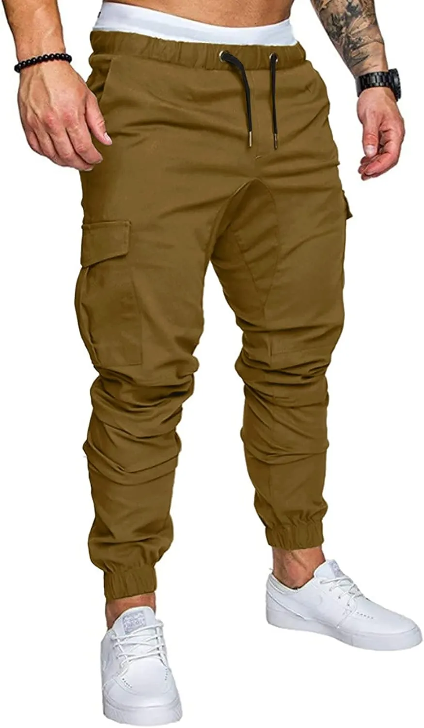 JMIERR Mens Fashion Cargo Pants - Casual Cotton Tapered Stretch Twill Drawstring Athletic Joggers Sweatpants with 6 Pockets
