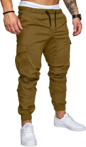 JMIERR Mens Fashion Cargo Pants - Casual Cotton Tapered Stretch Twill Drawstring Athletic Joggers Sweatpants with 6 Pockets