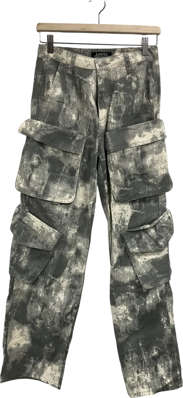 Laulia Grey Vintage Printed Pocket Wide Leg Jeans UK 8