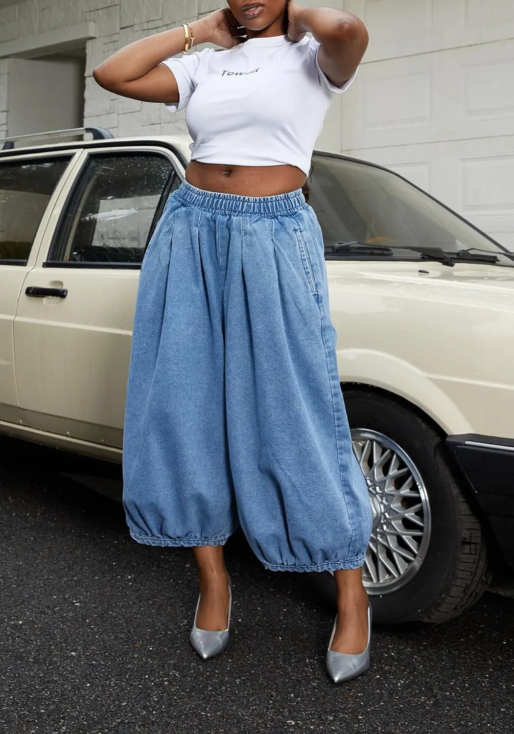 LKOUS Women's Causal Wide Leg Jeans,High Waisted Baggy Cropped Denim Pant with Pockets