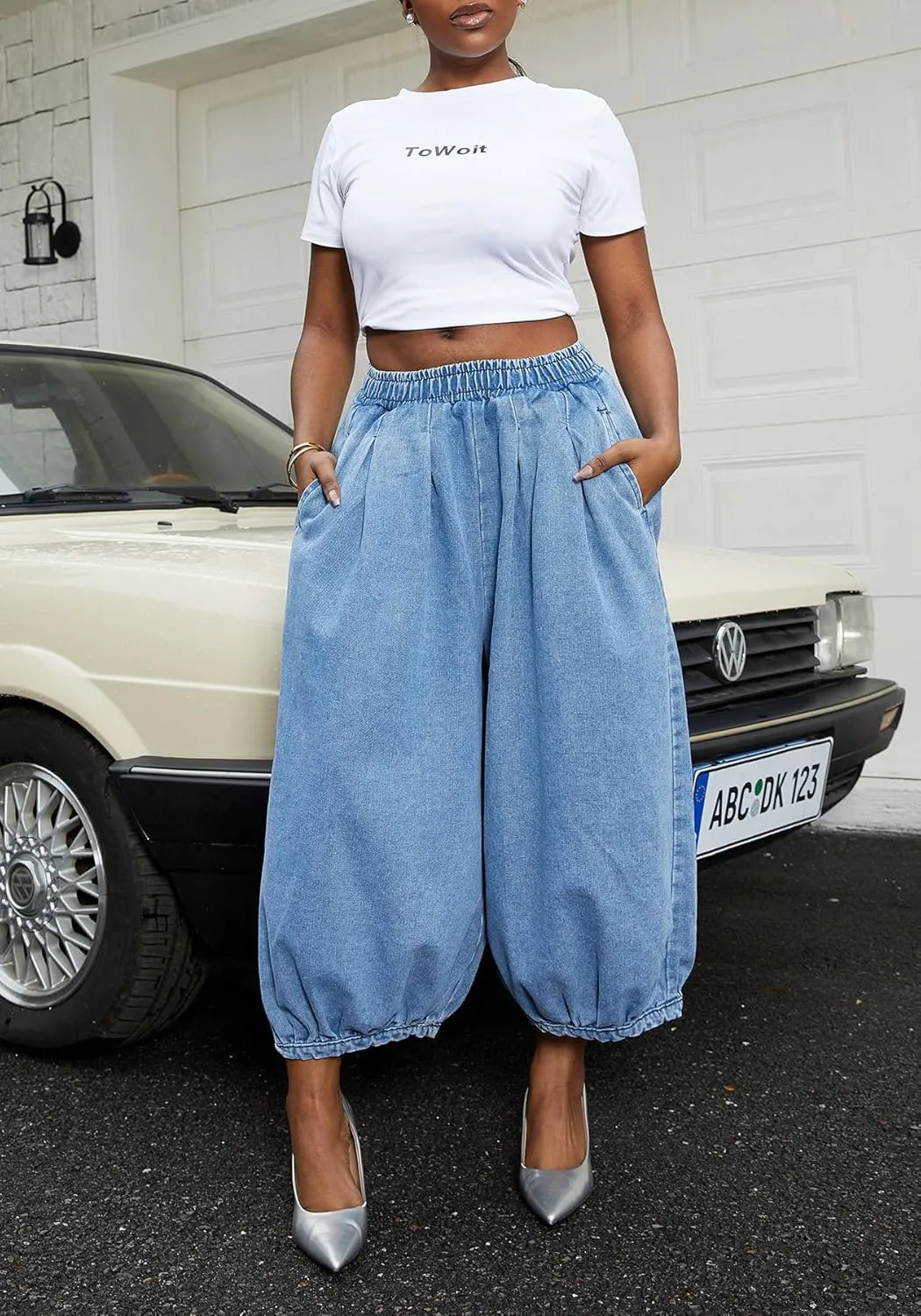 LKOUS Women's Causal Wide Leg Jeans,High Waisted Baggy Cropped Denim Pant with Pockets