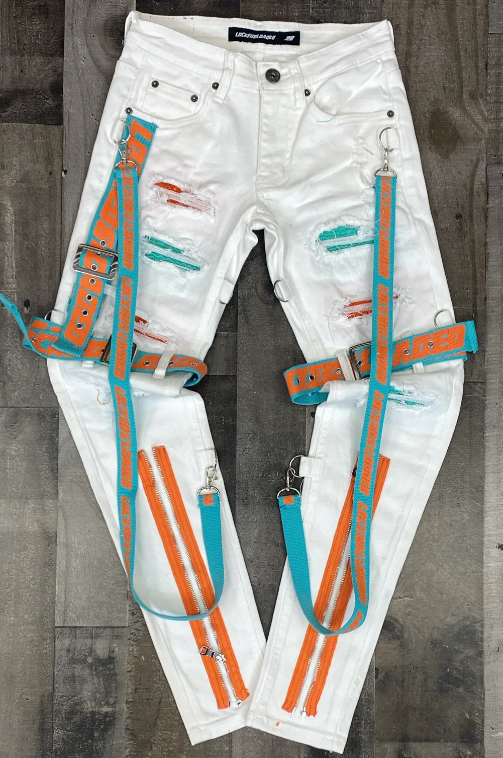 Locked Loaded- locked & loaded strapped studded jeans (white/teal/orange)