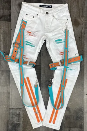 Locked Loaded- locked & loaded strapped studded jeans (white/teal/orange)