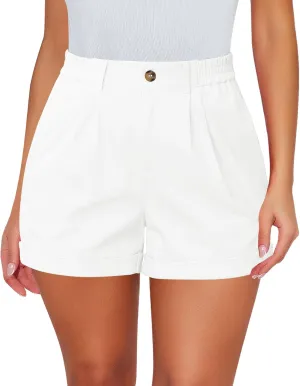 luvamia Shorts for Women High Waisted Dressy Casual Cotton Stretch Twill Elastic Wasit Pleated Summer Shorts with Pocket