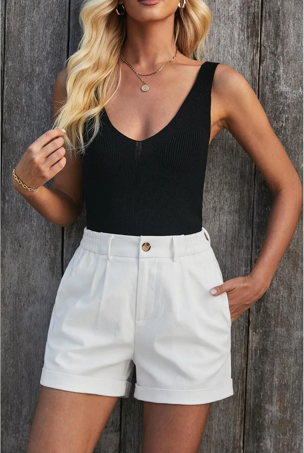 luvamia Shorts for Women High Waisted Dressy Casual Cotton Stretch Twill Elastic Wasit Pleated Summer Shorts with Pocket