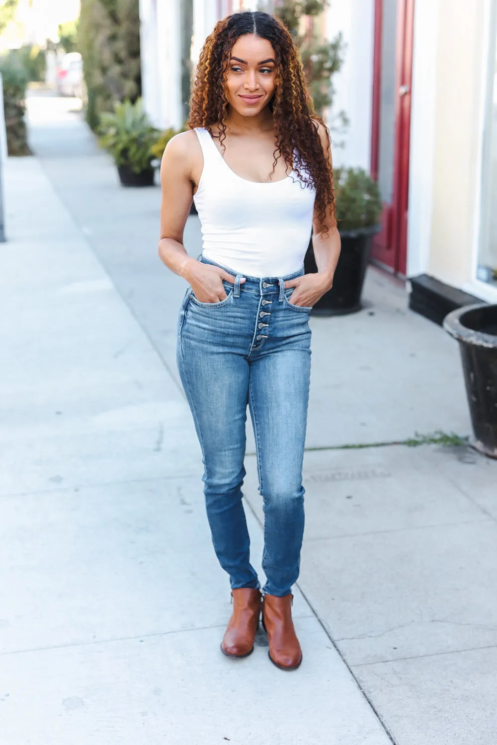 Medium Denim High Rise Button Fly Skinny Jeans