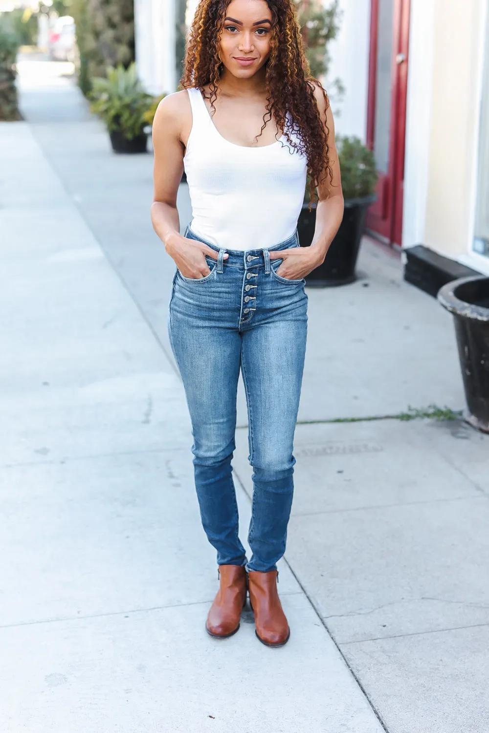 Medium Denim High Rise Button Fly Skinny Jeans