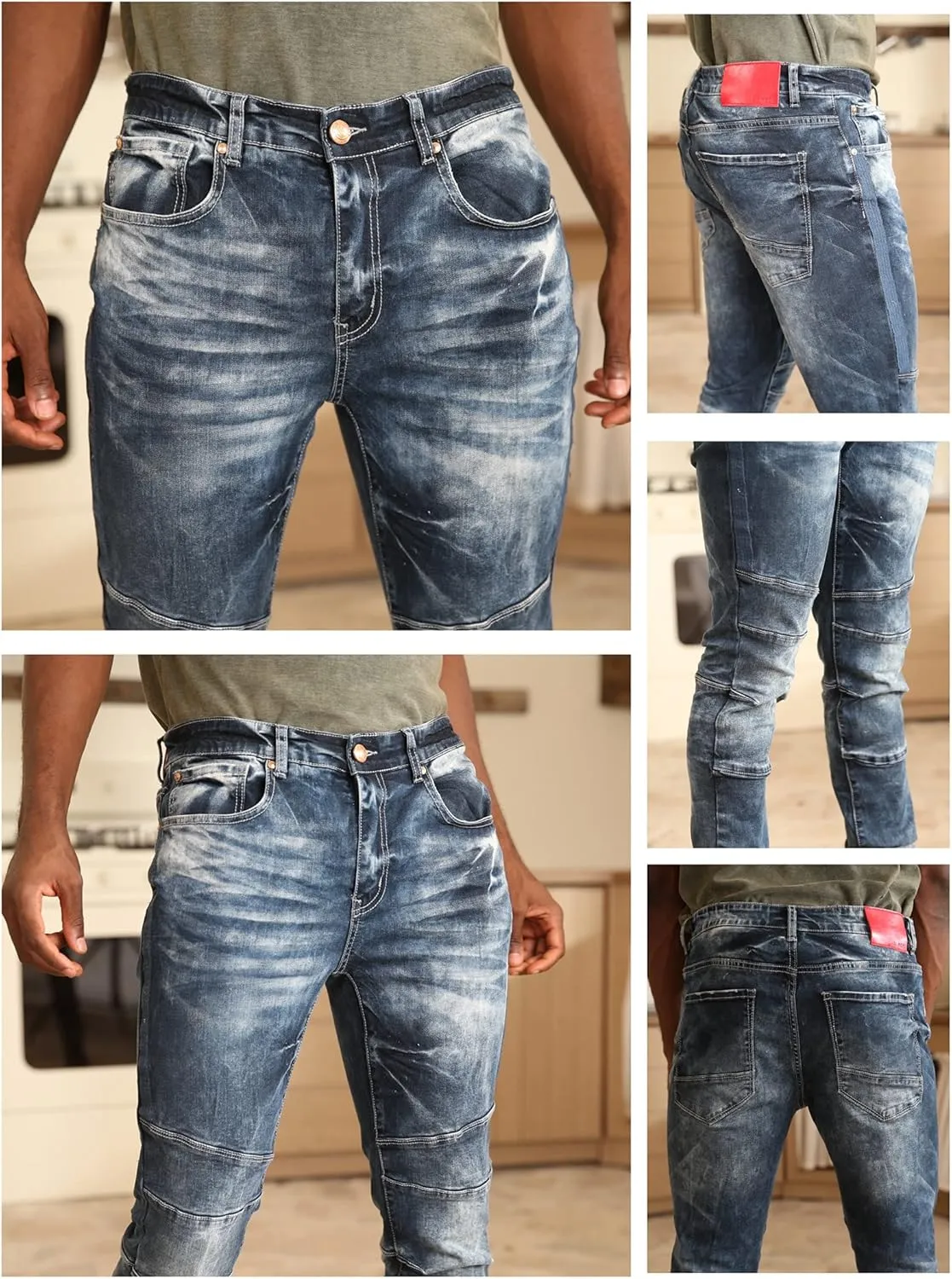 Men's Denim Jeans, Skinny Stretch Pleats Vintage Long Pant with Outside Tape
