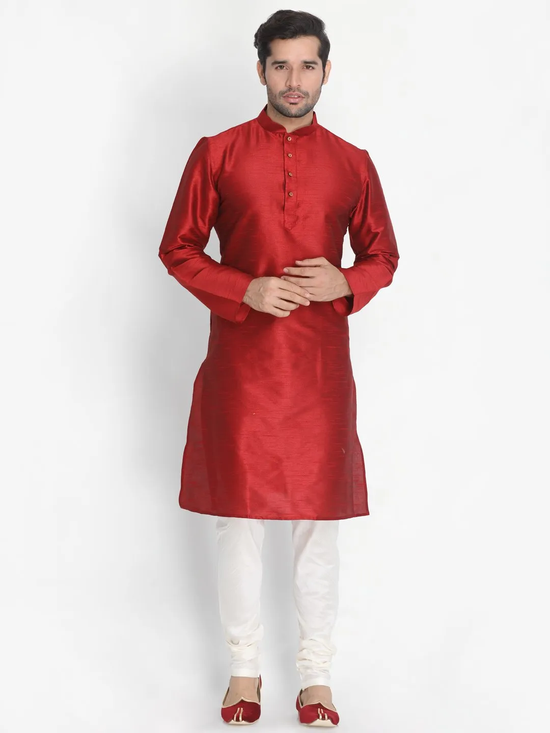 Men's Maroon Cotton Silk Blend Kurta - Vastramay
