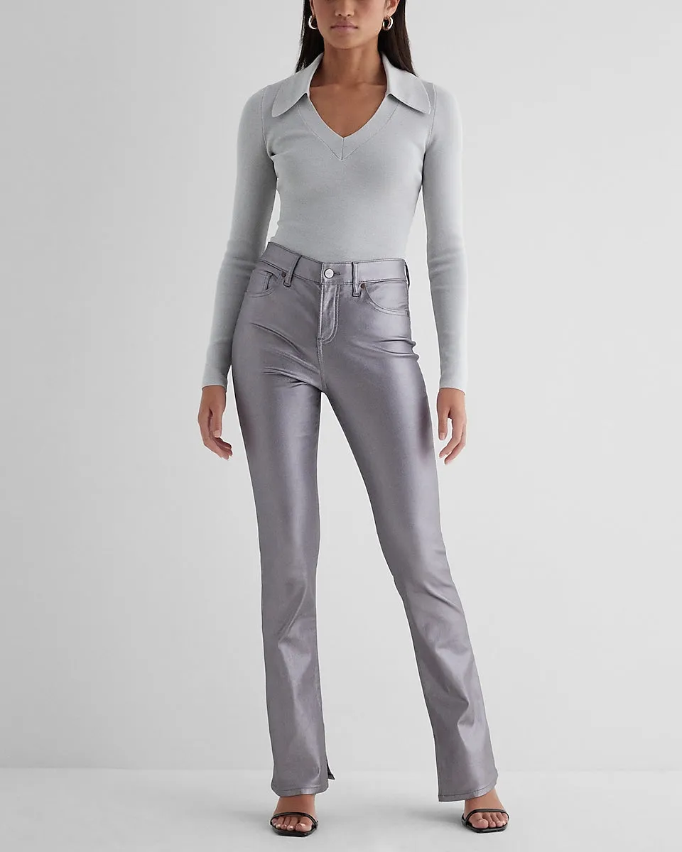 Mid Rise Gray Metallic Coated Skyscraper Jeans in Gray