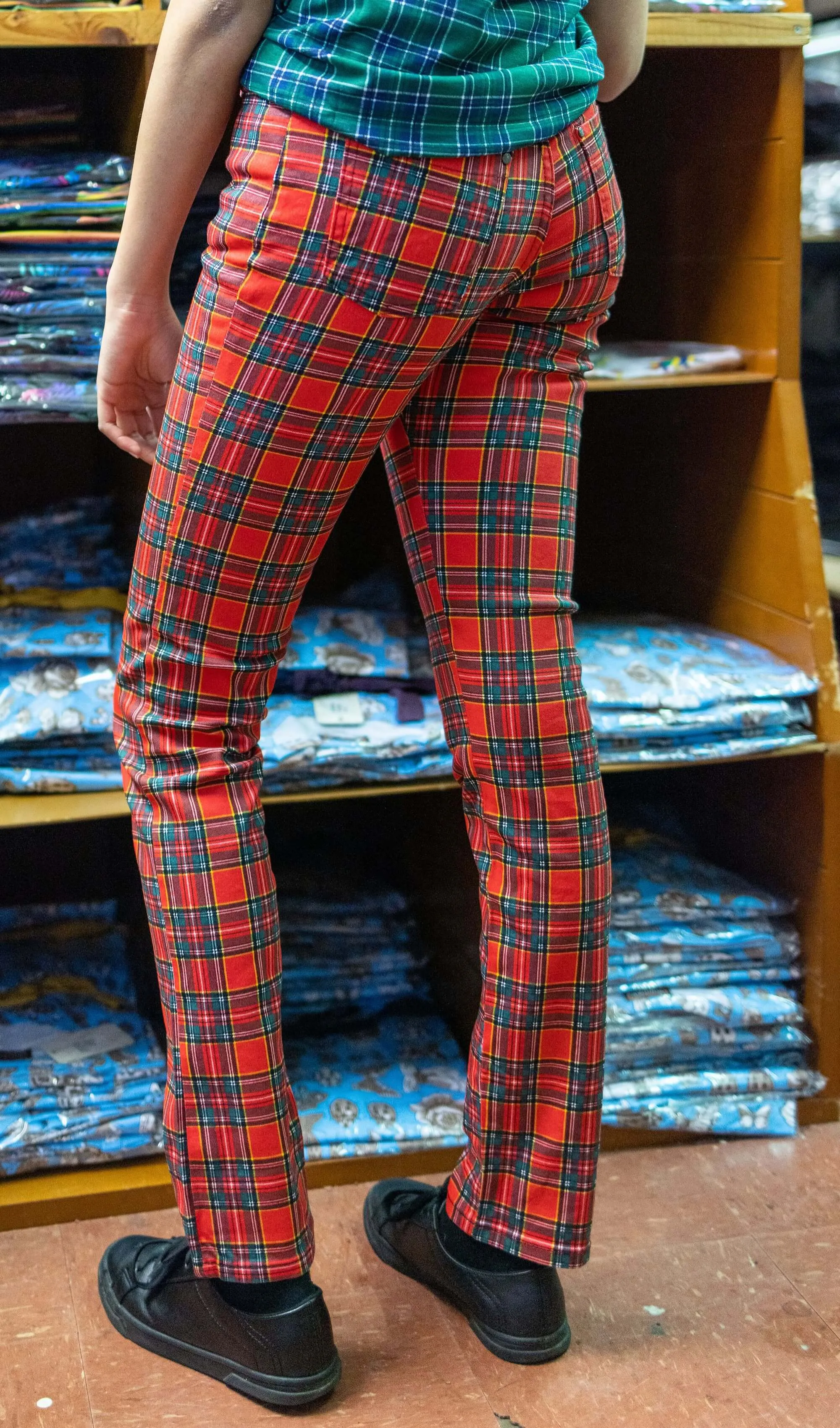 Mid Rise Red Tartan Stretch Skinny Jeans