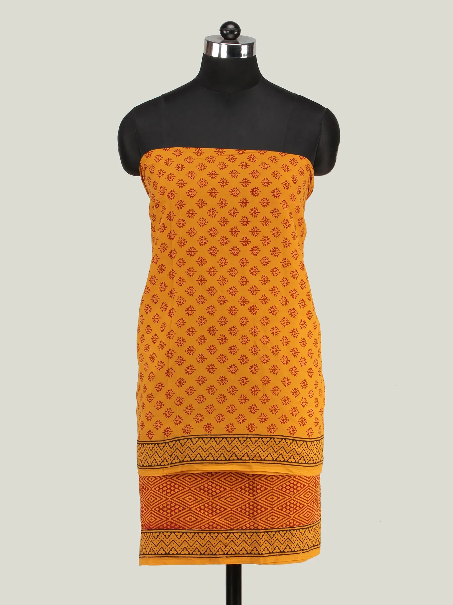 Mustard Red Black Bagh Hand Block Printed Cotton Suit-Salwar Fabric With Cotton Dupatta (Set of 3) - SU01HB414