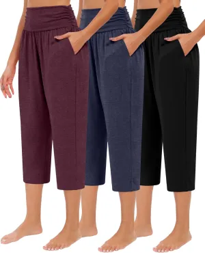 Neer 3 Pack Capri Pants for Women Casual Summer Lounge Yoga Pants Crop High Waist Loose Fit Sweatpants Pajamas with Pockets