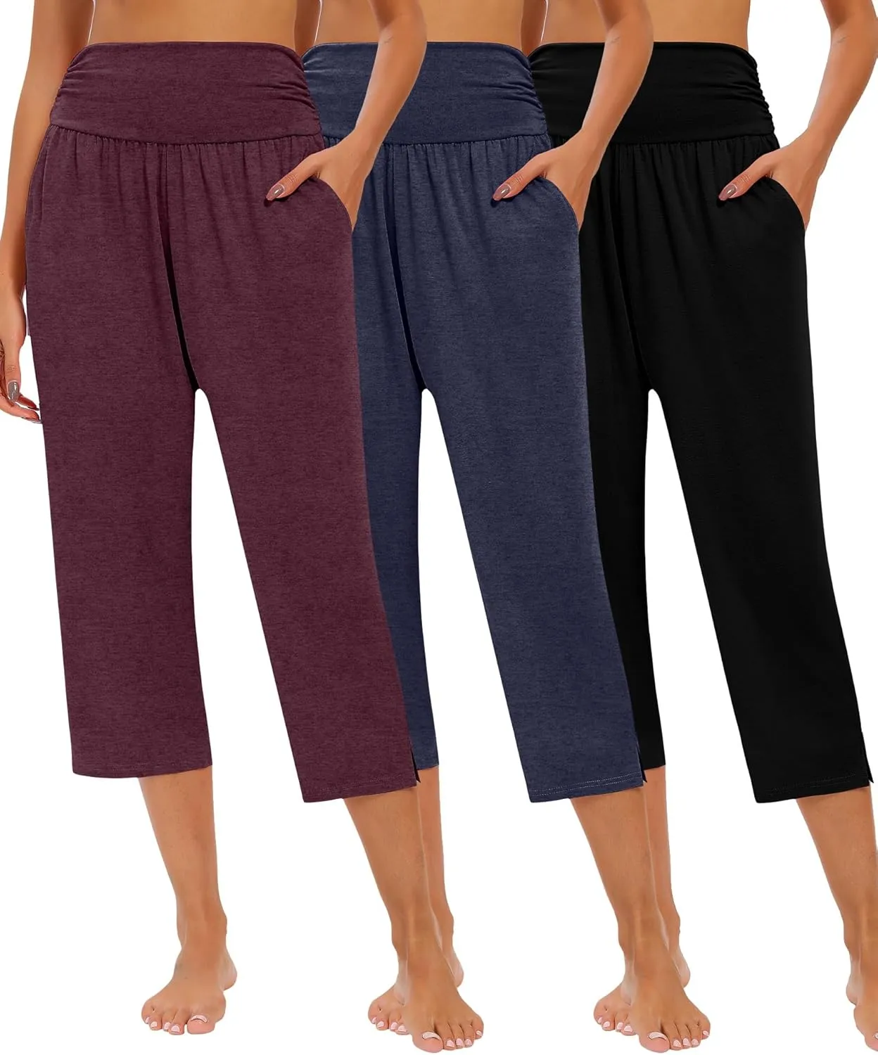 Neer 3 Pack Capri Pants for Women Casual Summer Lounge Yoga Pants Crop High Waist Loose Fit Sweatpants Pajamas with Pockets