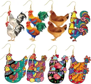 Nosiny 8 Pairs Acrylic Hen Chicken Earrings Lovely Gift for Women Funny Animal Rooster Drop Dangle Earrings Cute Farm Chicken Jewelry for Ladies