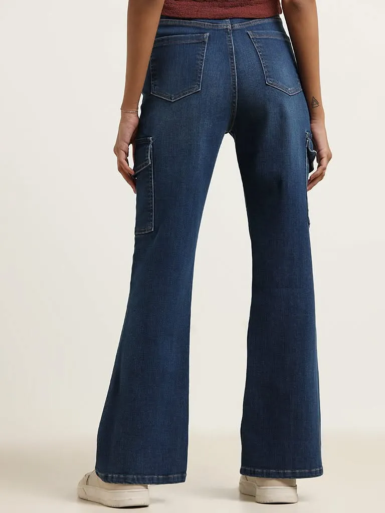Nuon Blue Wide Leg Fit High Rise Cargo Jeans