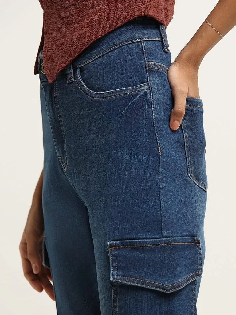 Nuon Blue Wide Leg Fit High Rise Cargo Jeans
