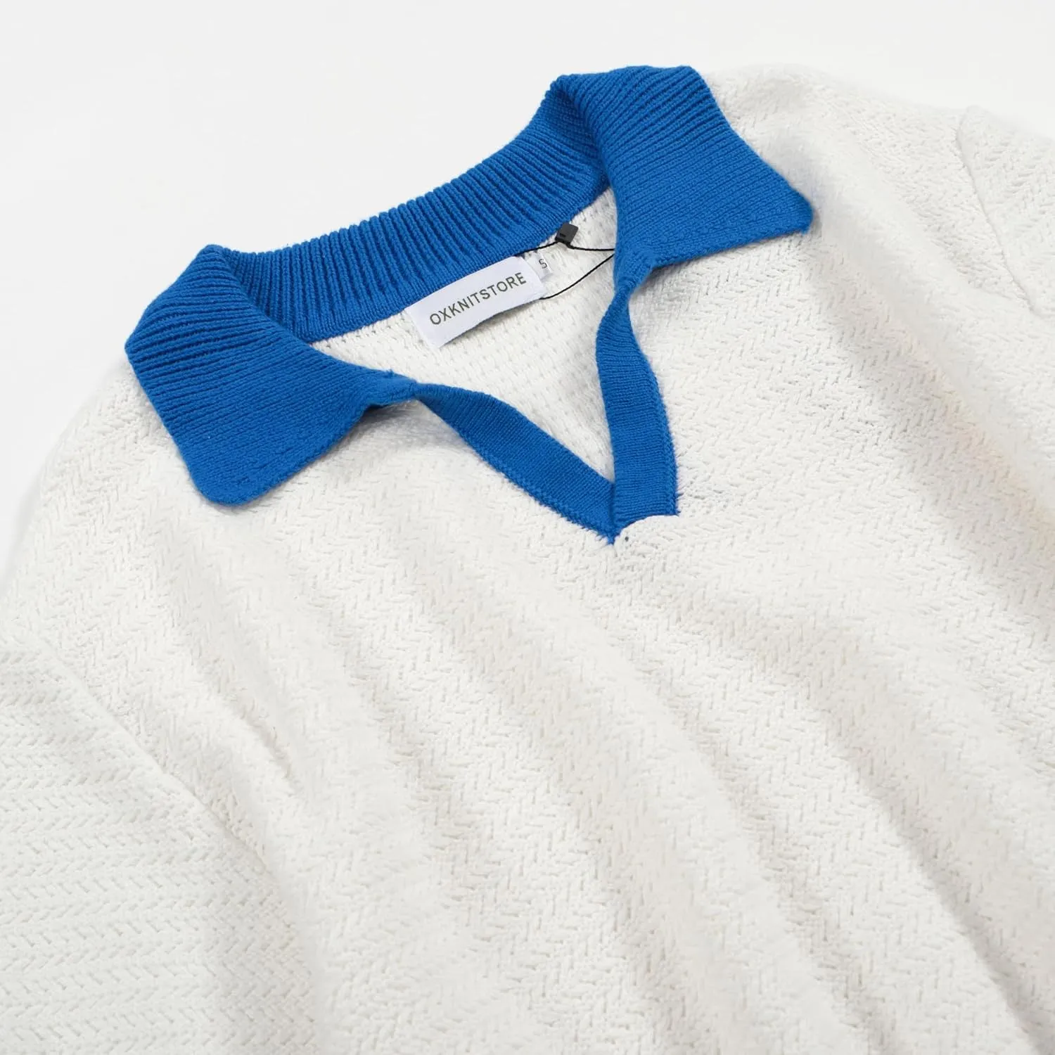 OXKNIT Mens Knit Polo Shirts Vintage Short Sleeve Golf Shirts Textured Retro Poloshirt White V-Neck
