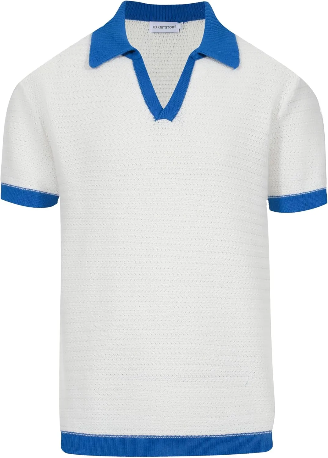 OXKNIT Mens Knit Polo Shirts Vintage Short Sleeve Golf Shirts Textured Retro Poloshirt White V-Neck