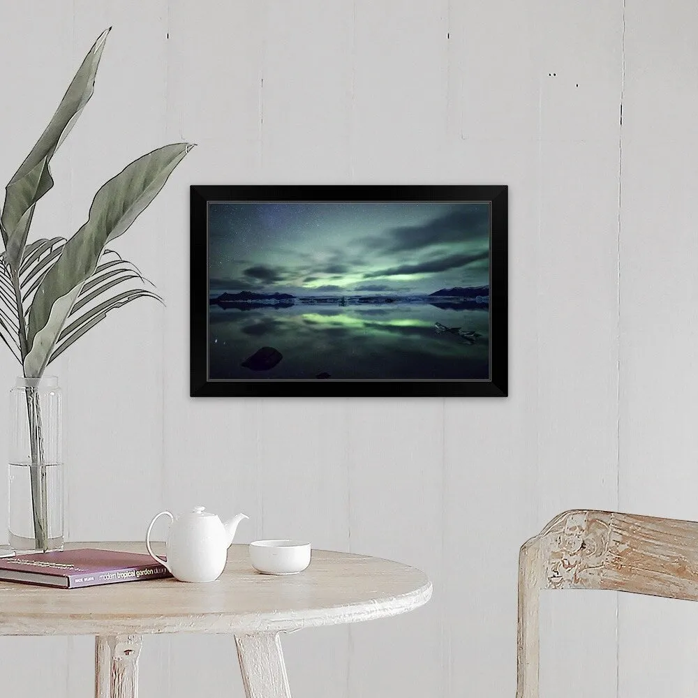 "Aurora borealis over Jokulsarlon glacial lagoon in south Iceland." Black Framed Print