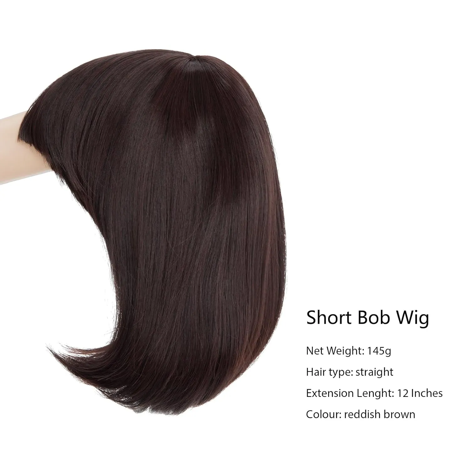 Rose bud Natural Brown Bob Wig with Fringe 12 Inch Short Straight Costume Wigs for Women Cosplay Party Halloween