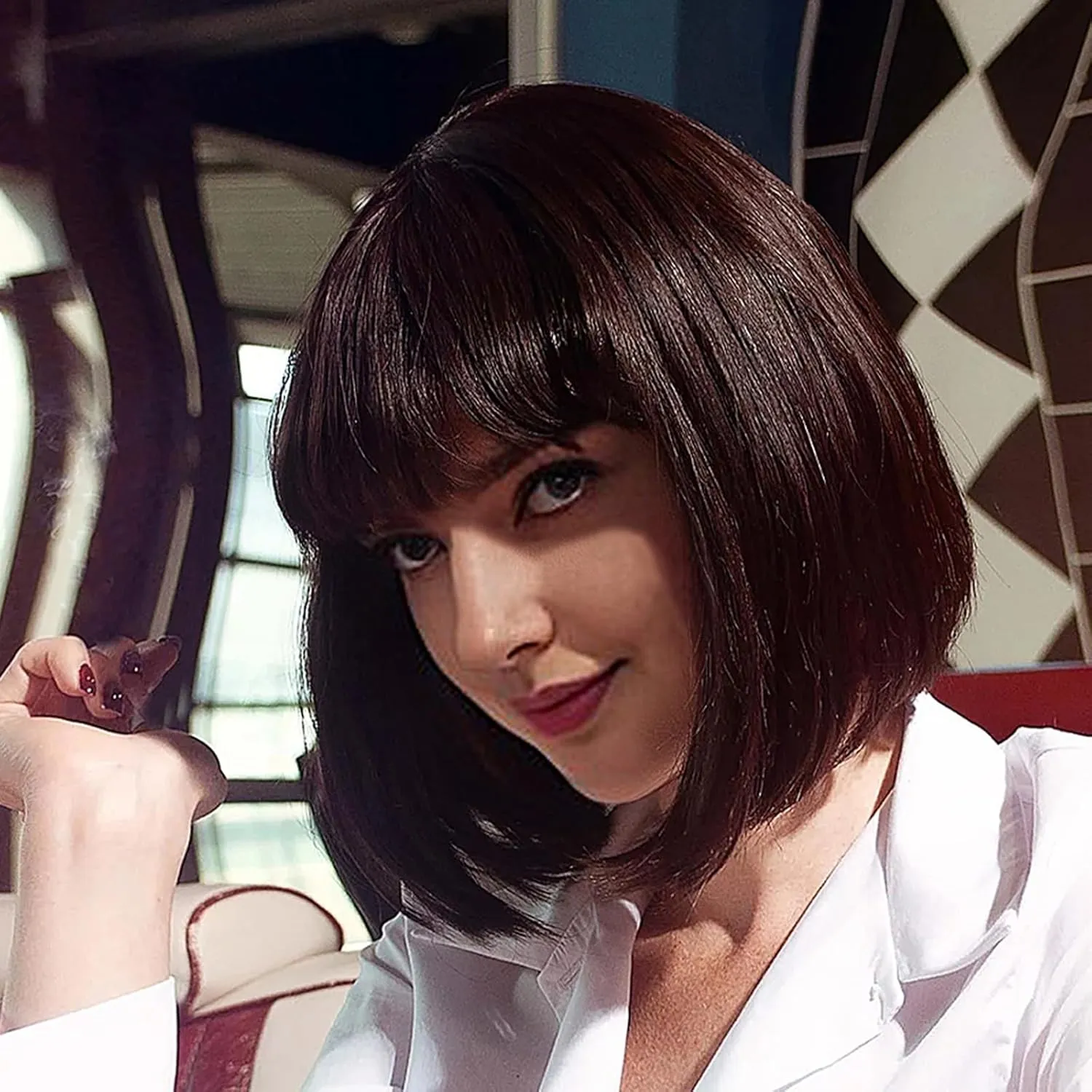 Rose bud Natural Brown Bob Wig with Fringe 12 Inch Short Straight Costume Wigs for Women Cosplay Party Halloween