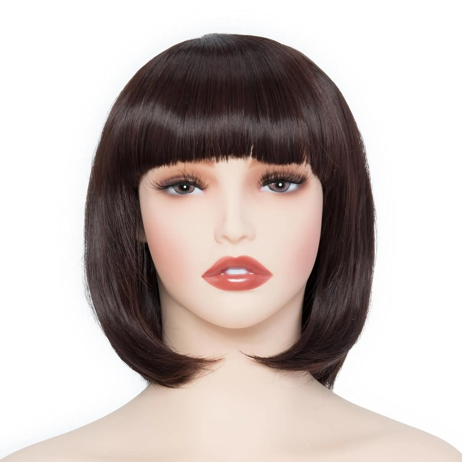 Rose bud Natural Brown Bob Wig with Fringe 12 Inch Short Straight Costume Wigs for Women Cosplay Party Halloween