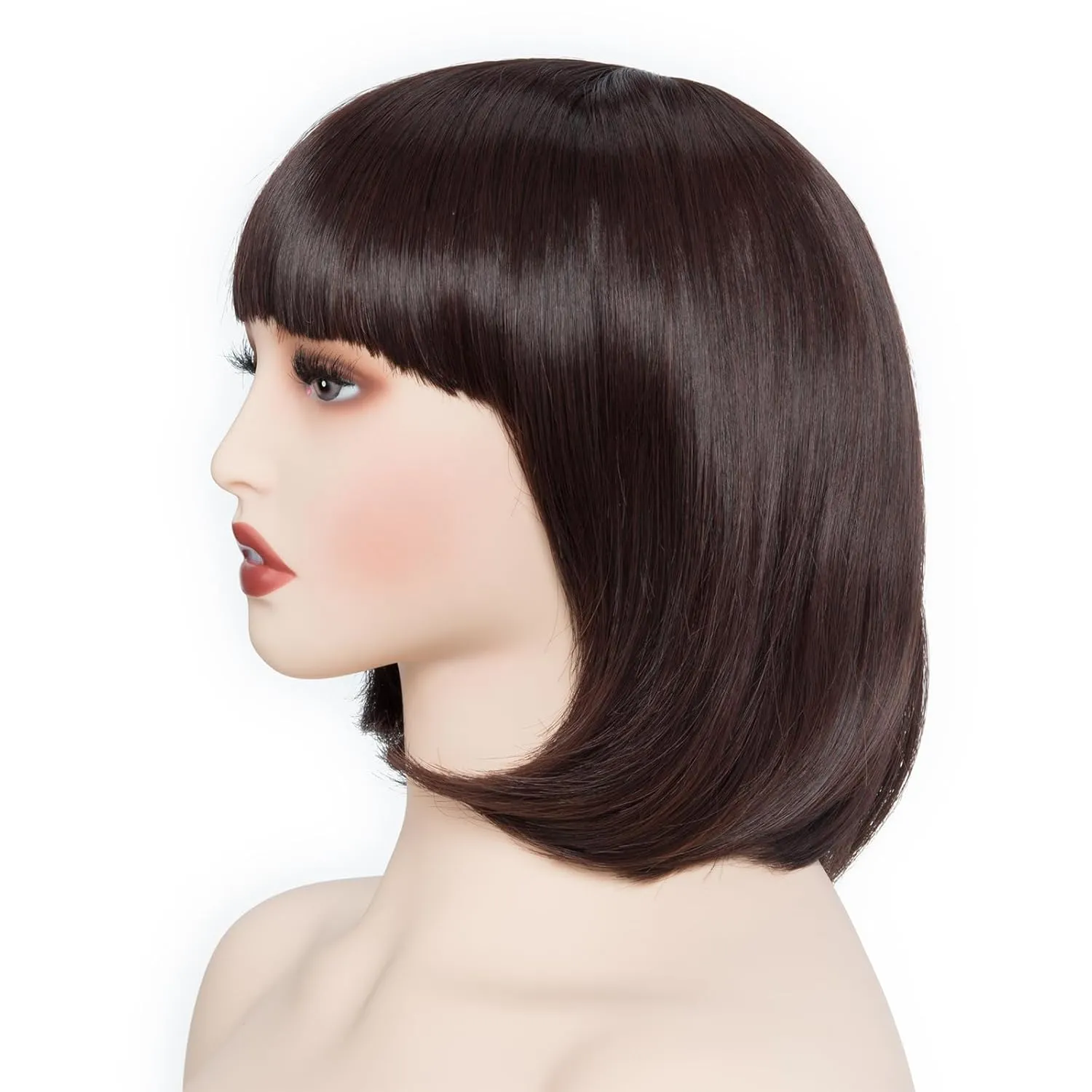Rose bud Natural Brown Bob Wig with Fringe 12 Inch Short Straight Costume Wigs for Women Cosplay Party Halloween