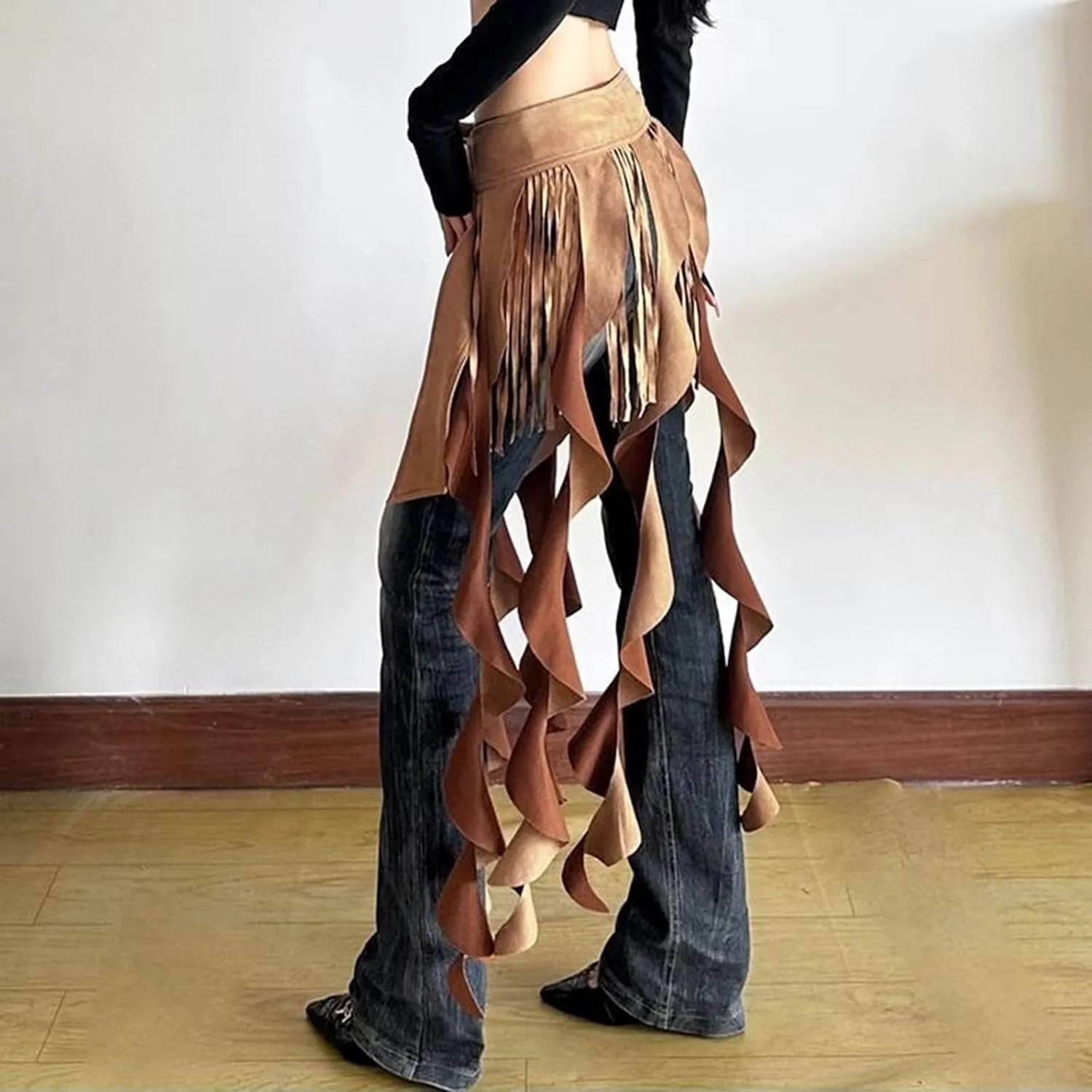Ruffle Long Waist Belt Tassel Skirt for Women Adjustable Fashion Fringe Waistband Rave Dance Party Outfits
