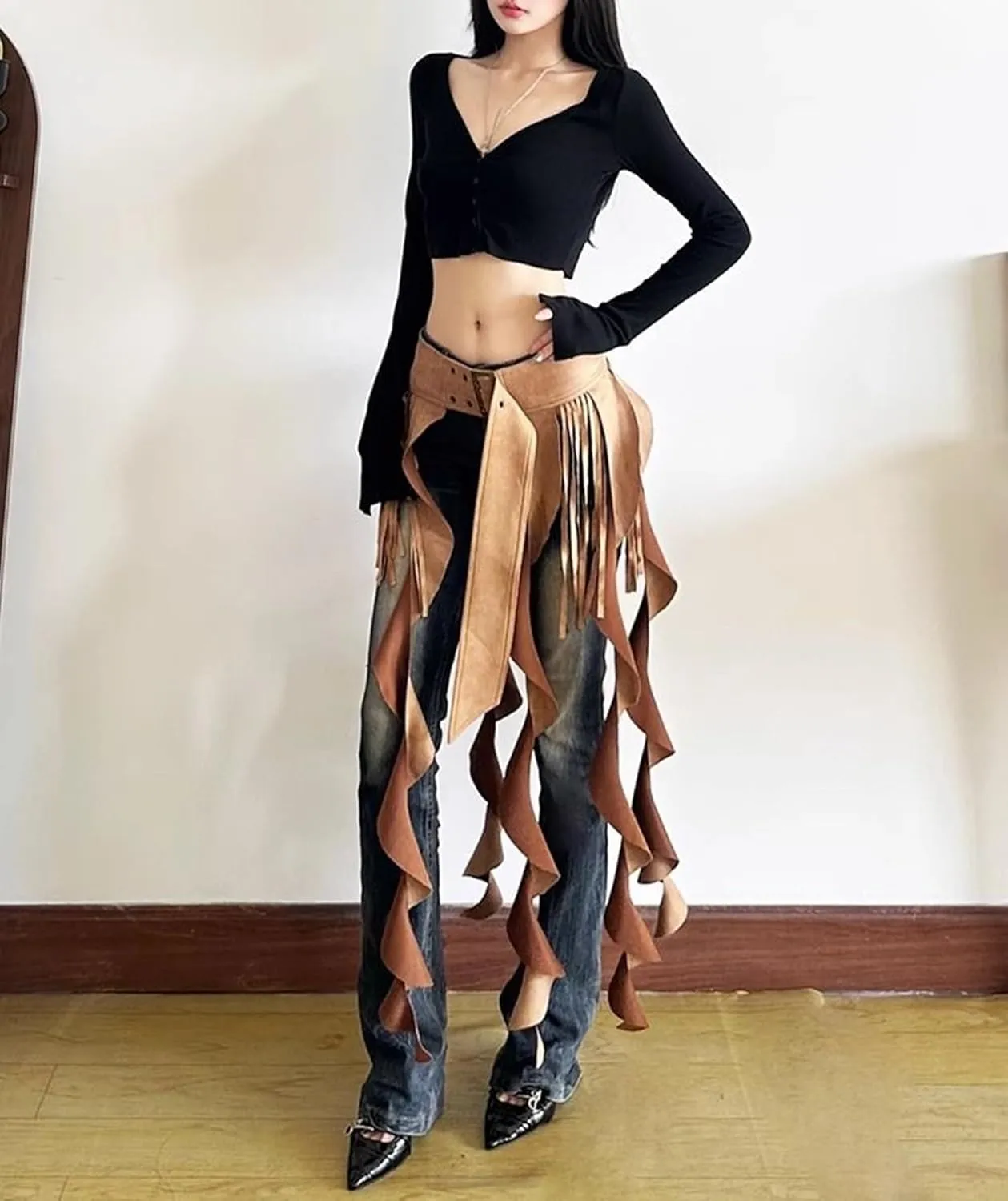 Ruffle Long Waist Belt Tassel Skirt for Women Adjustable Fashion Fringe Waistband Rave Dance Party Outfits