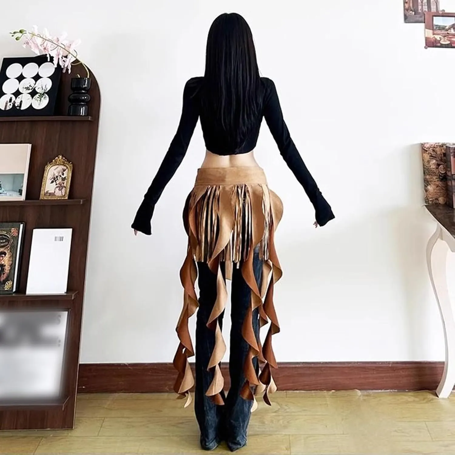 Ruffle Long Waist Belt Tassel Skirt for Women Adjustable Fashion Fringe Waistband Rave Dance Party Outfits