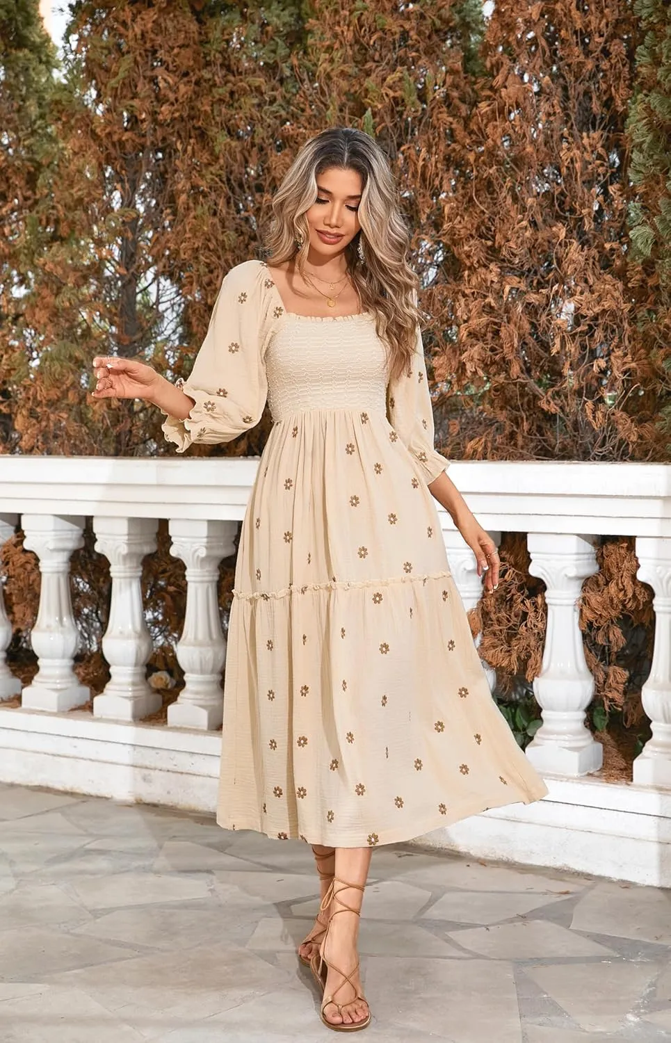 R.Vivimos Women's Long Sleeve Cotton Boho Midi Dress Vintage Square Neck Floral Embroidered Tiered Ruffle Flowy Pockets Dress