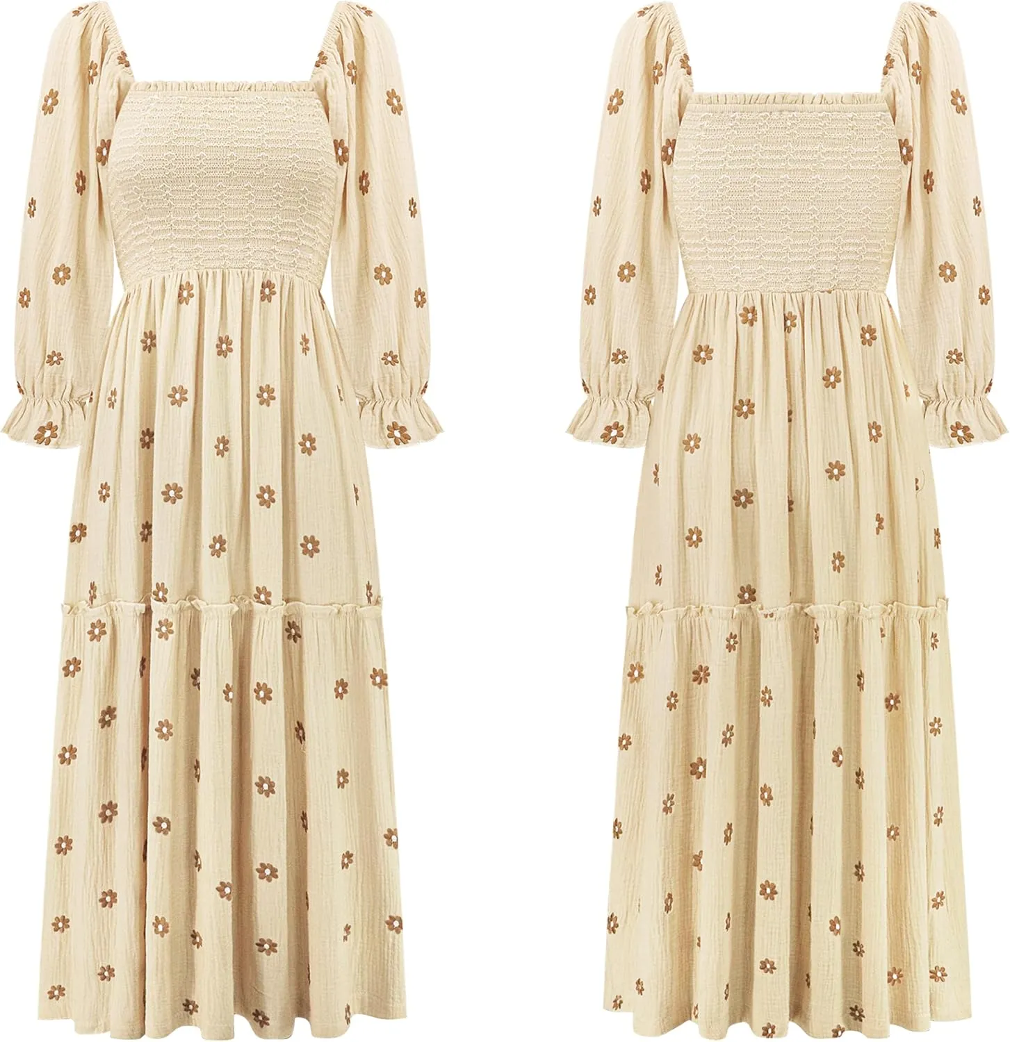 R.Vivimos Women's Long Sleeve Cotton Boho Midi Dress Vintage Square Neck Floral Embroidered Tiered Ruffle Flowy Pockets Dress