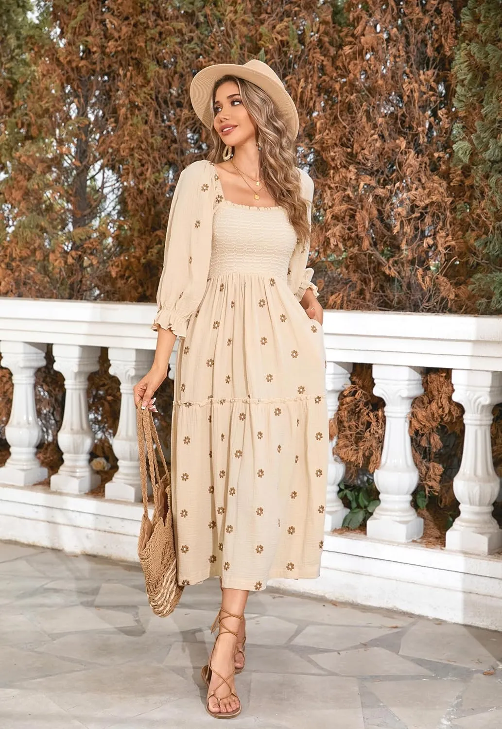 R.Vivimos Women's Long Sleeve Cotton Boho Midi Dress Vintage Square Neck Floral Embroidered Tiered Ruffle Flowy Pockets Dress