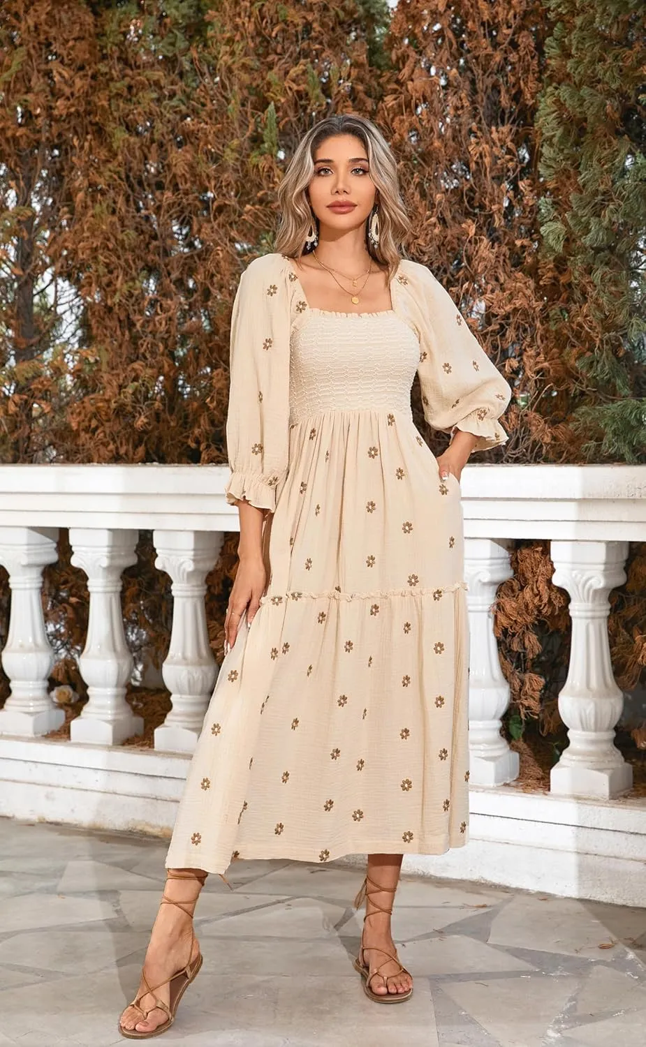 R.Vivimos Women's Long Sleeve Cotton Boho Midi Dress Vintage Square Neck Floral Embroidered Tiered Ruffle Flowy Pockets Dress