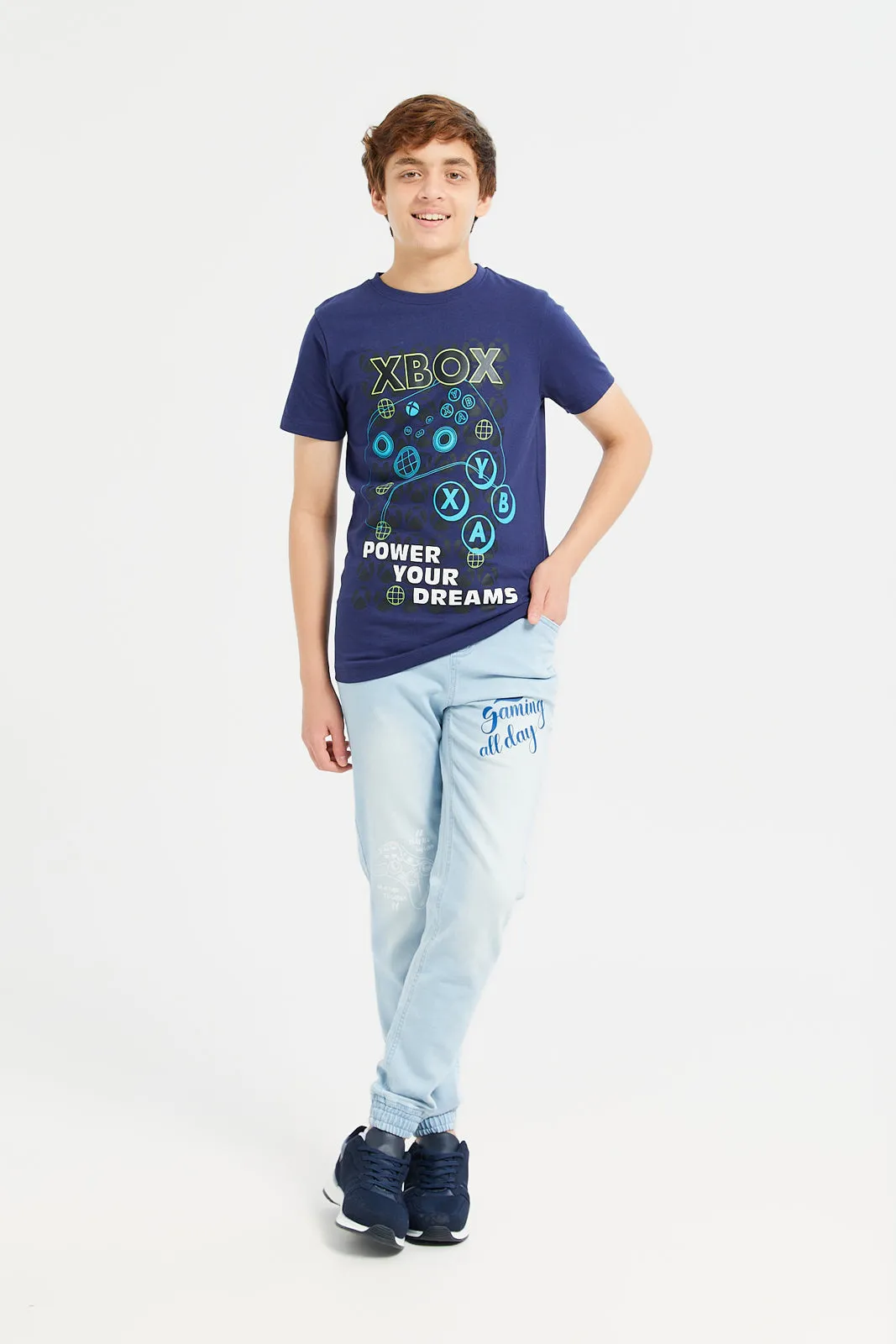Senior Boys Blue Denim Printed Jogger Jeans
