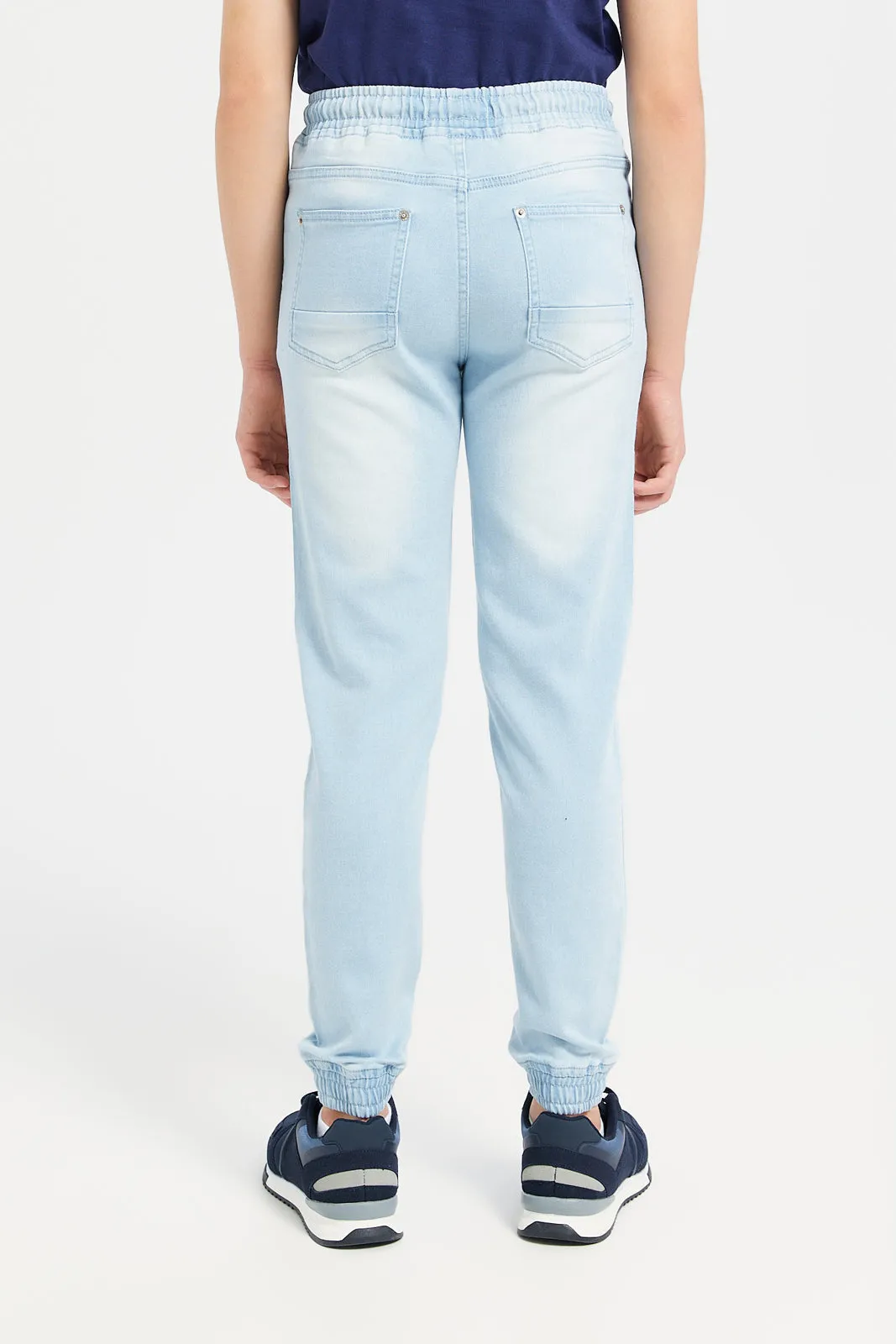 Senior Boys Blue Denim Printed Jogger Jeans