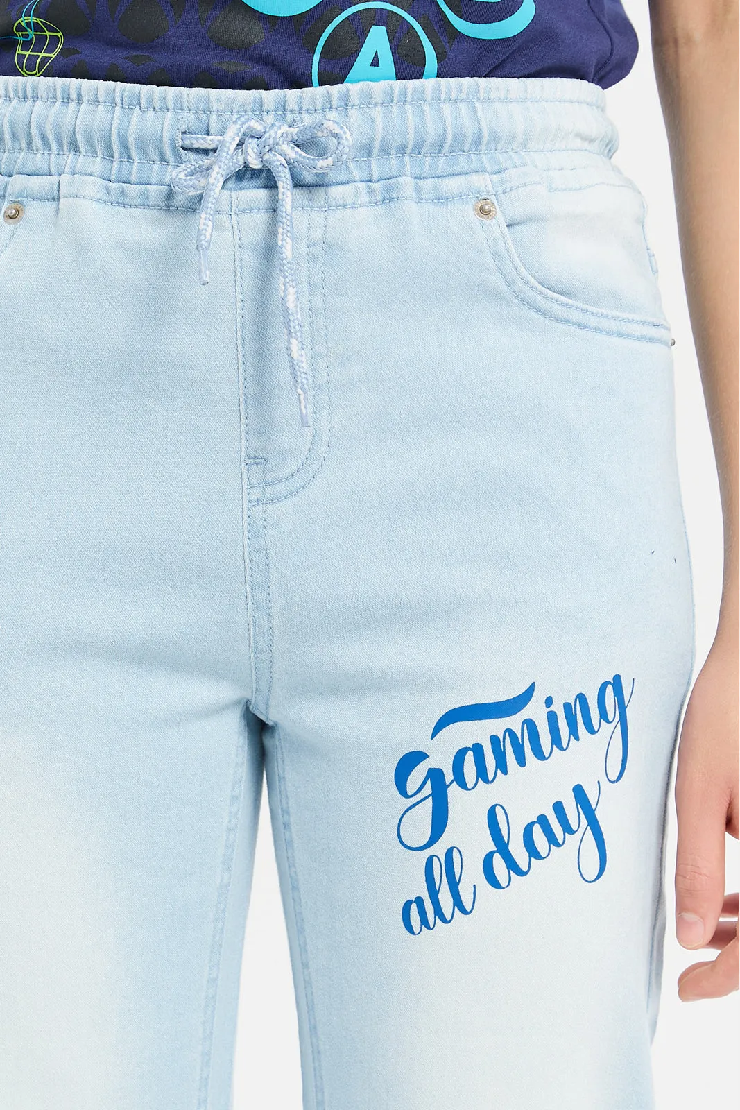 Senior Boys Blue Denim Printed Jogger Jeans