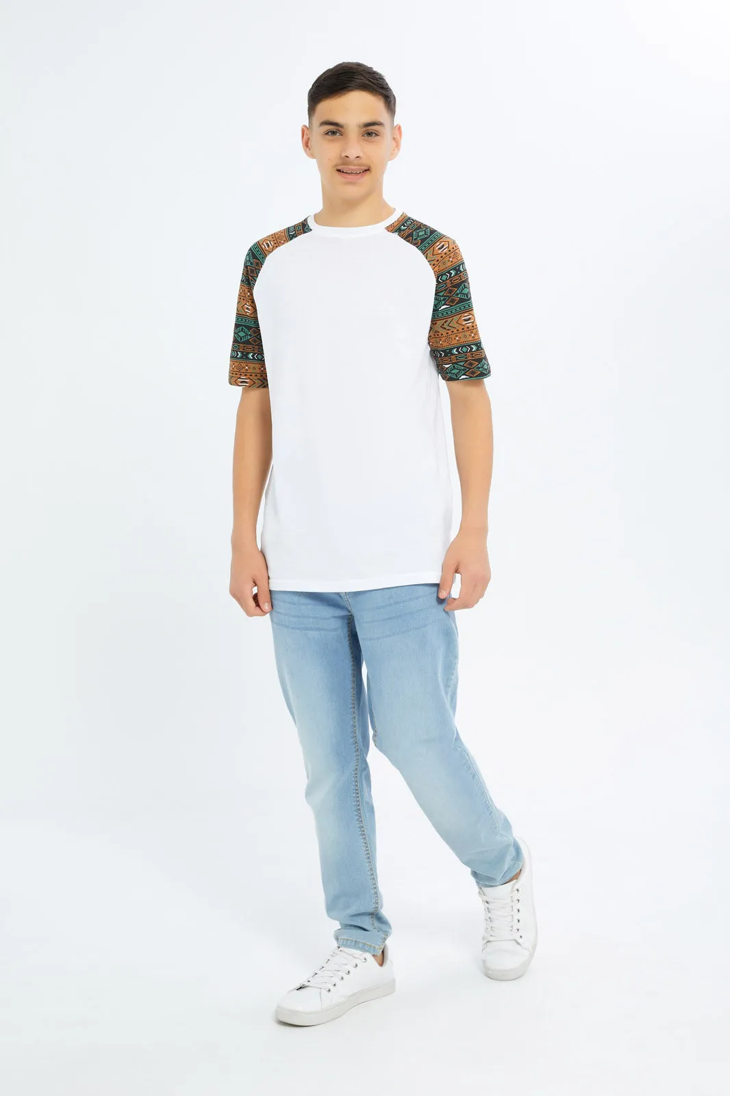 Senior Boys White Reglan Sleeve T-Shirt