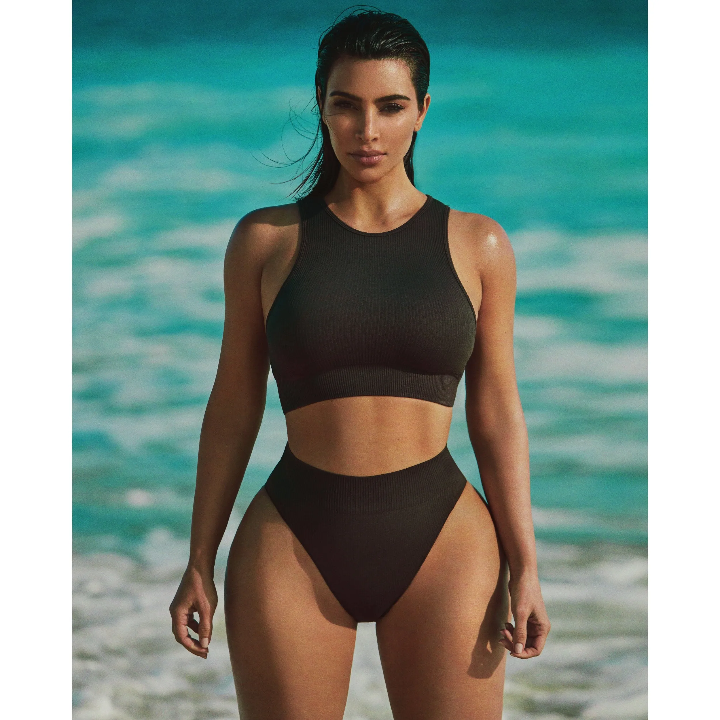 STRETCH RIB HIGH NECK BRA | BONE