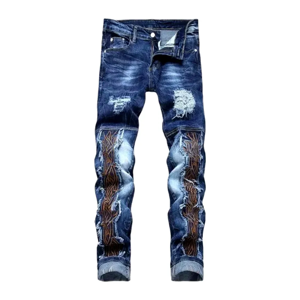 Stylish embroidered distressed men's jeans