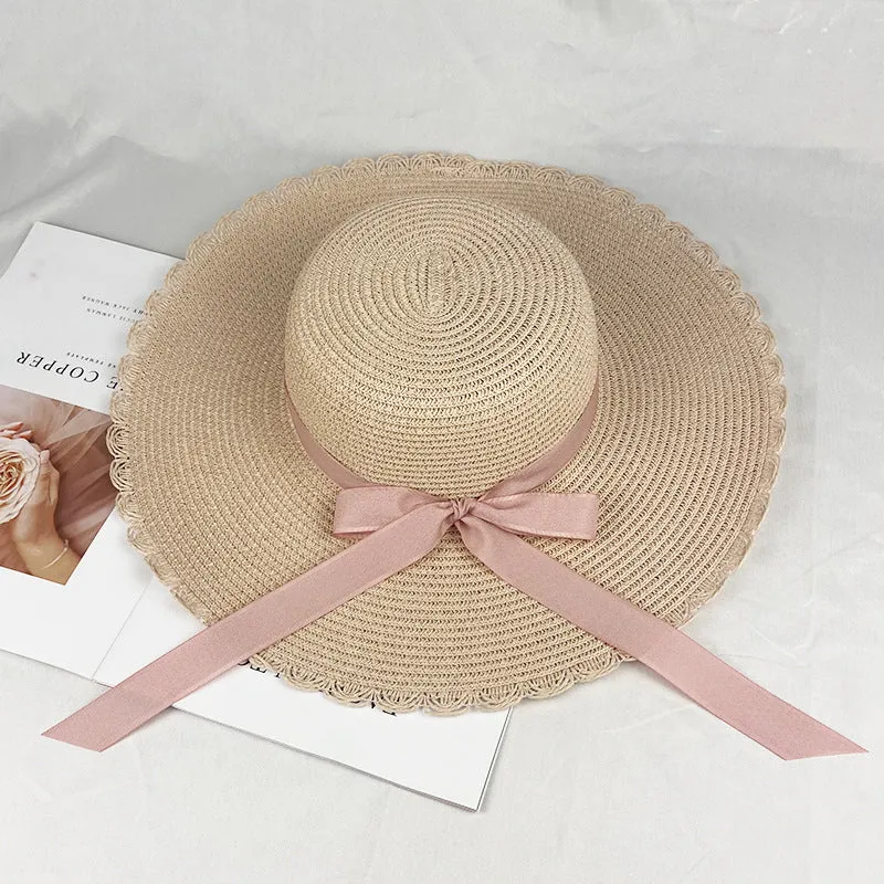Summer Ladies Big Brim Lace Hat Sunshade Sunscreen Beach Hat Straw Hat Bow
